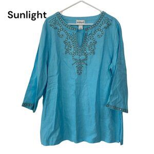 Peck & Peck Blue Embroidered Linen Tunic Top 3/4 Sleeves & Split Neckline-SZ XL